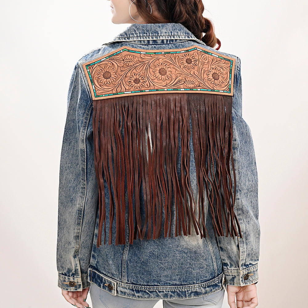 LC-ADJKT023 Tooled Leather Yoke Fringe Denim Jacket - Turquoise Trim Detail