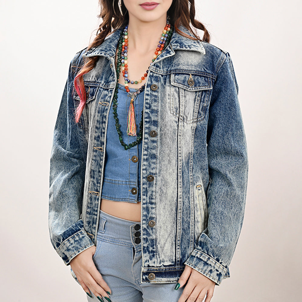 LC-ADJKT027 Women's Western Denim Jacket with Hand-Tooled Leather Yoke & Fringe