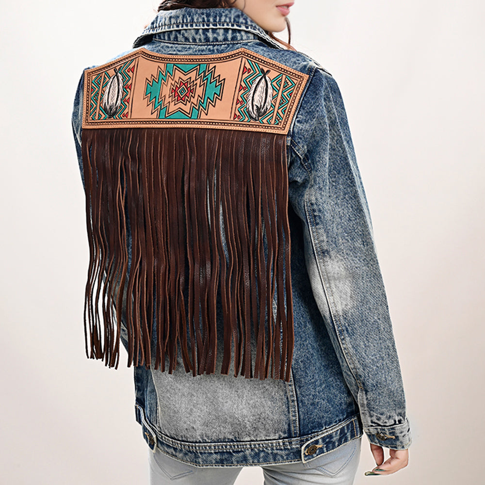 LC-ADJKT027 Women's Western Denim Jacket with Hand-Tooled Leather Yoke & Fringe