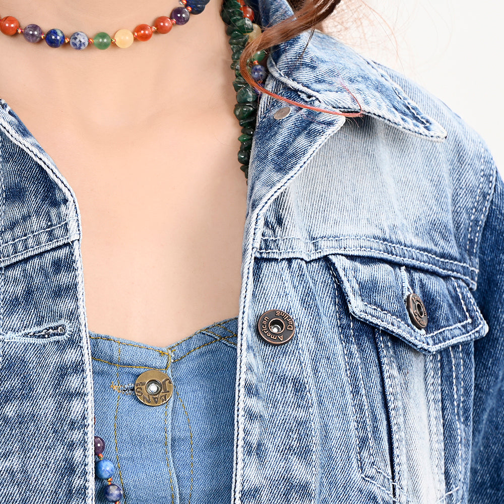 LC-ADJKT026 Turquoise Oval Tooled Leather Fringe Denim Jacket - Cowgirl Edition