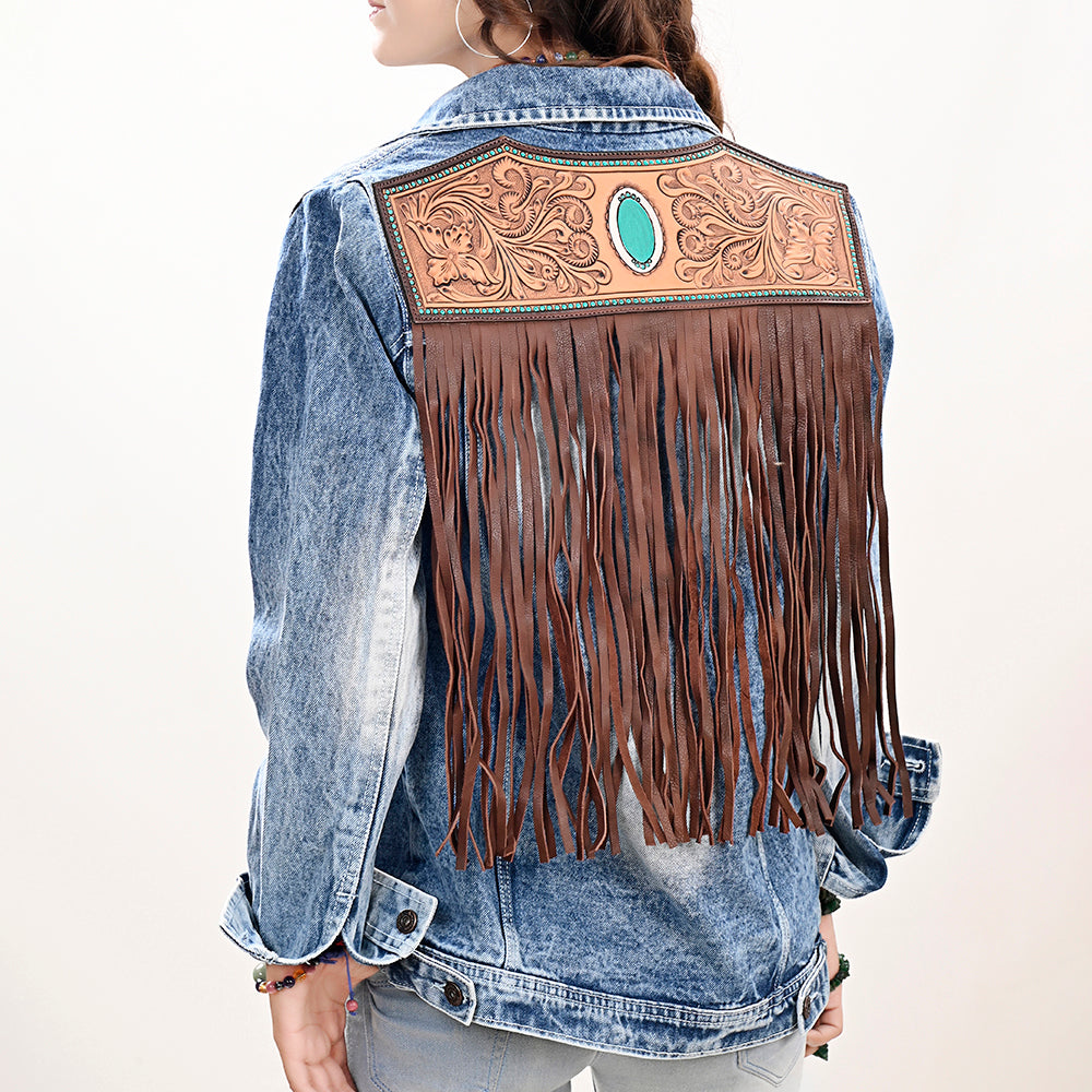 LC-ADJKT026 Turquoise Oval Tooled Leather Fringe Denim Jacket - Cowgirl Edition