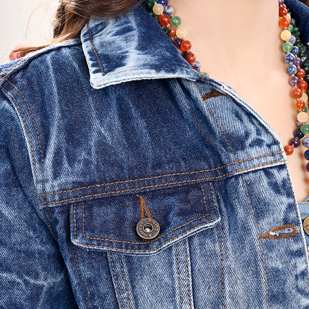 LC-ADJKT028 Women's Acid Wash Denim Jacket with Floral Hand-Tooled Leather Yoke & Fringe