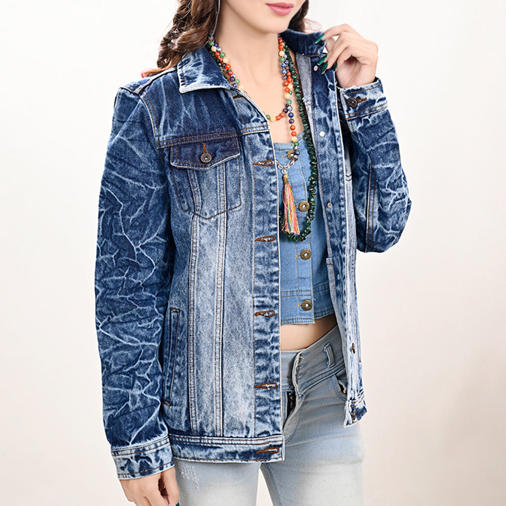 LC-ADJKT028 Women's Acid Wash Denim Jacket with Floral Hand-Tooled Leather Yoke & Fringe