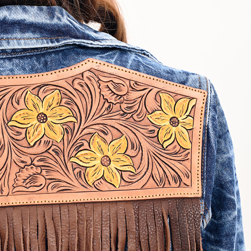 LC-ADJKT028 Women's Acid Wash Denim Jacket with Floral Hand-Tooled Leather Yoke & Fringe