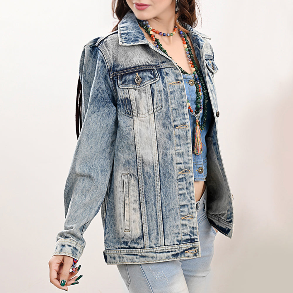 LC-ADJKT031 Women's Western Denim Jacket with Galloping Horse Tooled Leather Yoke & Fringe
