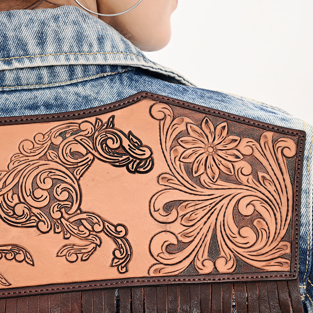 LC-ADJKT031 Women's Western Denim Jacket with Galloping Horse Tooled Leather Yoke & Fringe