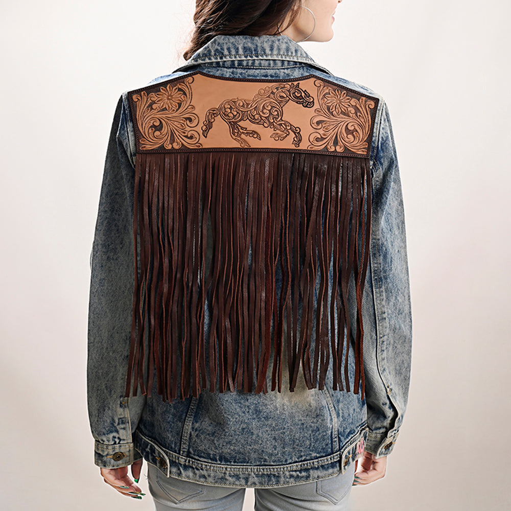 LC-ADJKT031 Women's Western Denim Jacket with Galloping Horse Tooled Leather Yoke & Fringe