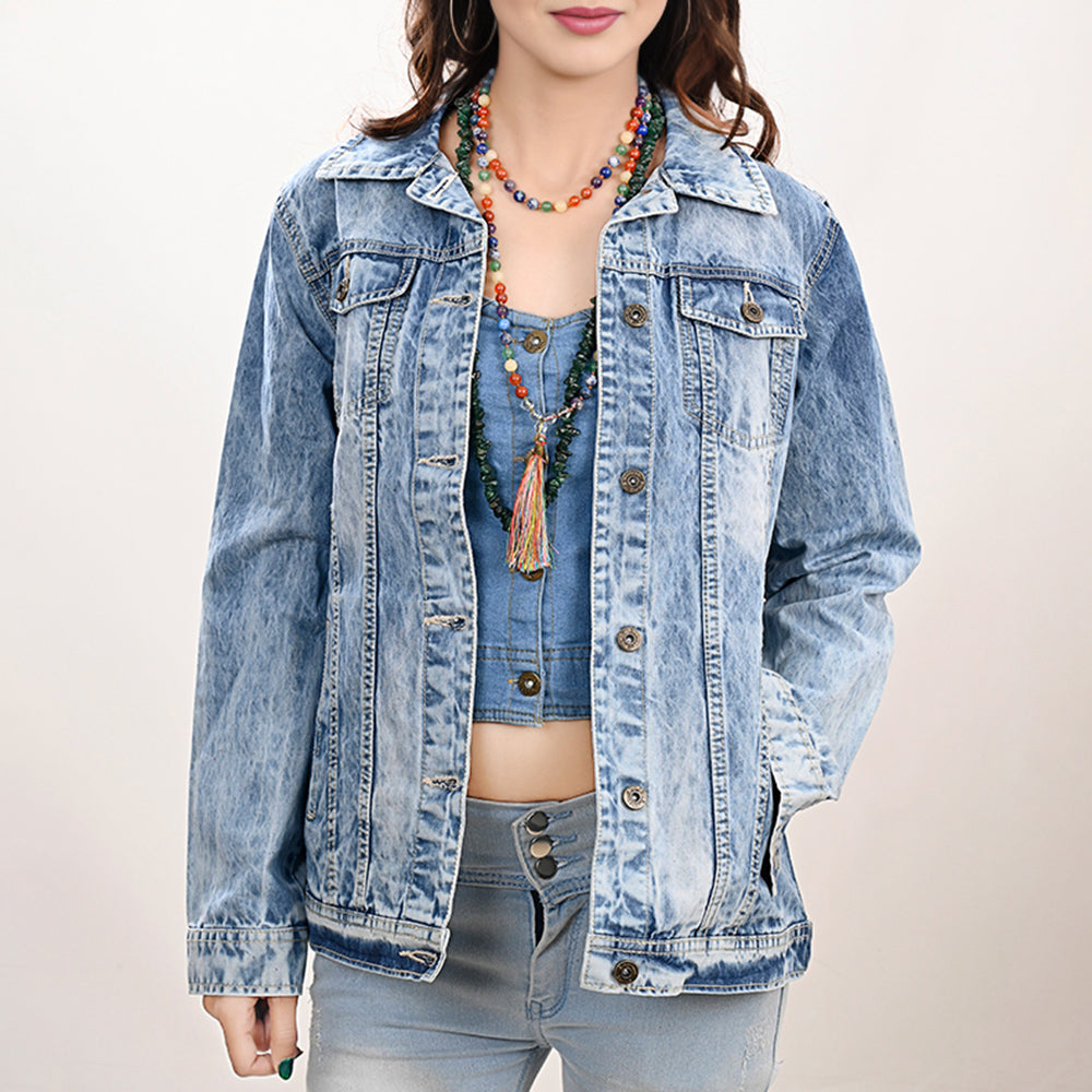 ADJKT032 Genuine Leather Hand Tooled Women 100% Cotton Denim Jacket Dress