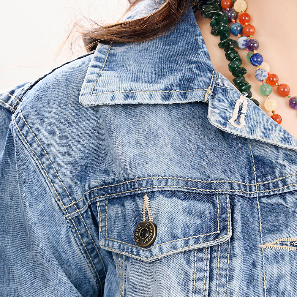 ADJKT032 Genuine Leather Hand Tooled Women 100% Cotton Denim Jacket Dress