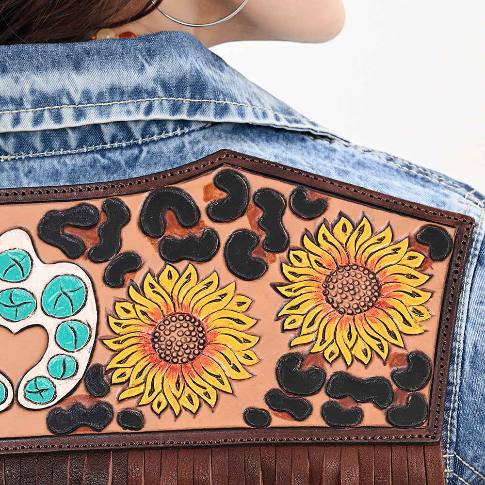 ADJKT032 Genuine Leather Hand Tooled Women 100% Cotton Denim Jacket Dress