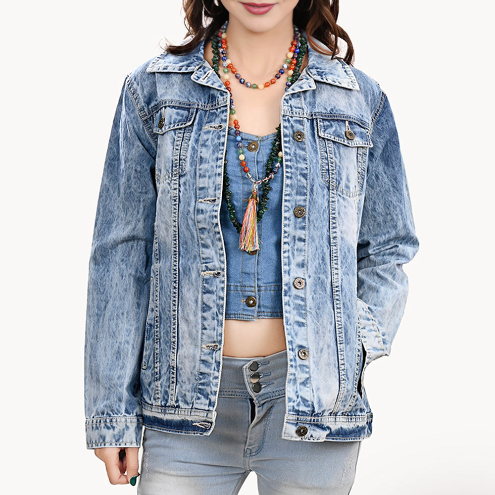 ADJKT032 Genuine Leather Hand Tooled Women 100% Cotton Denim Jacket Dress