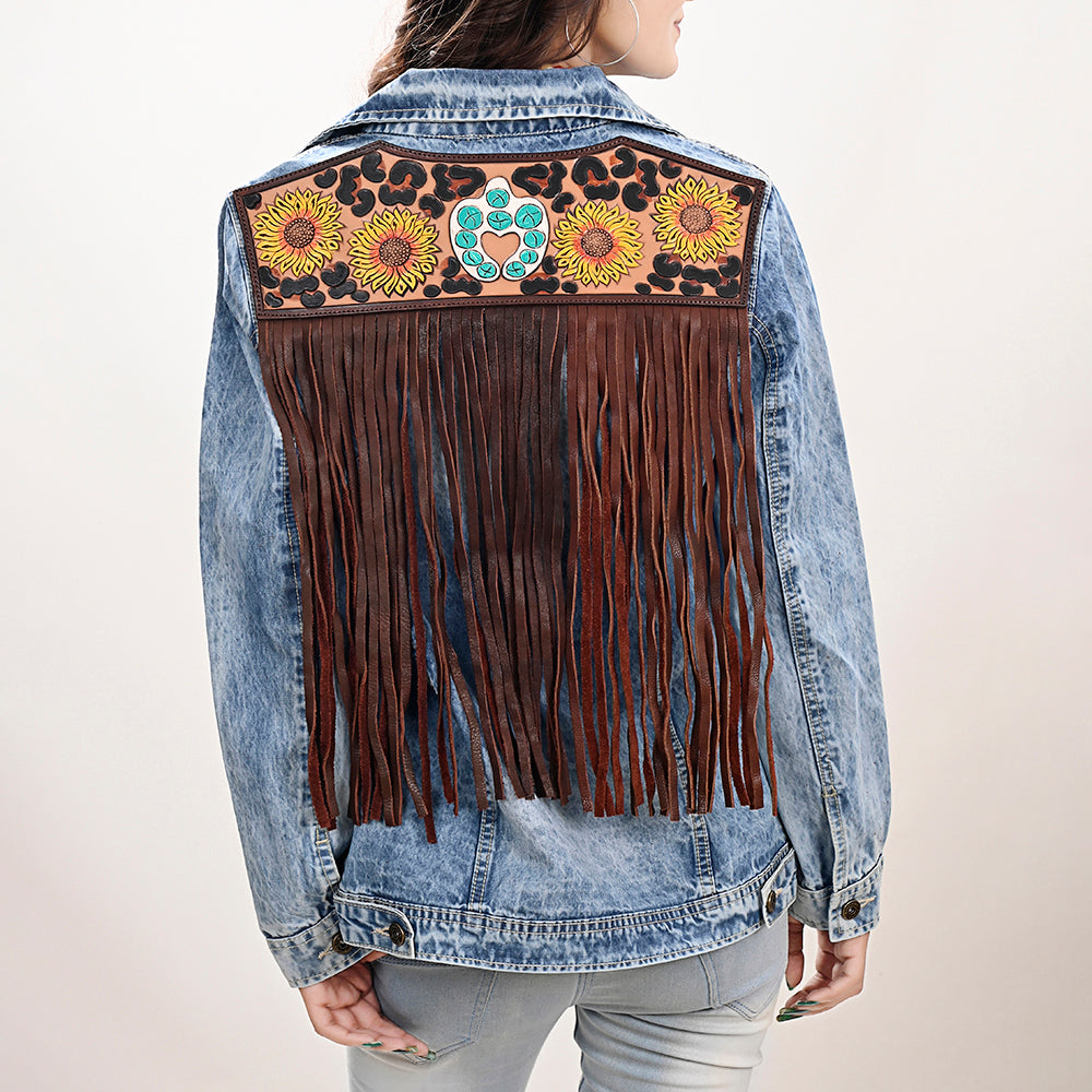 ADJKT032 Genuine Leather Hand Tooled Women 100% Cotton Denim Jacket Dress