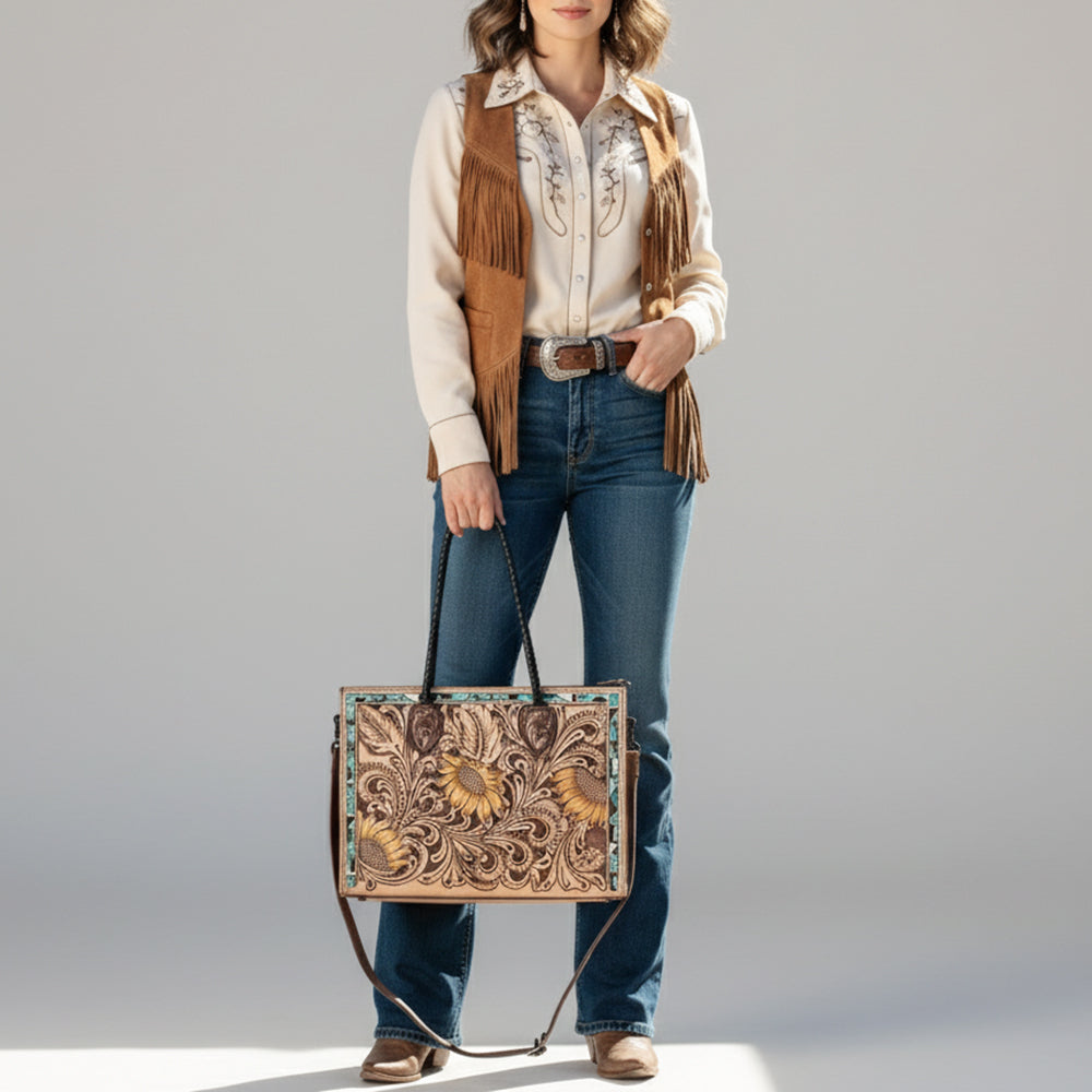 ADBG1158 American Darling Floral Tooled Leather Tote | Western Crossbody Bag