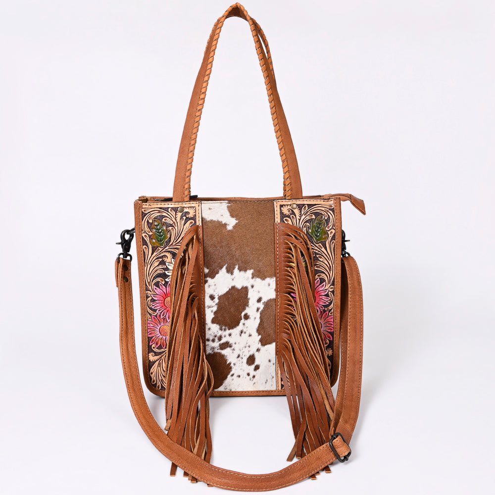 ADBG1086 American Darling Hair-on Cowhide Tote Bag with Hand-Tooled Leather and Fringes