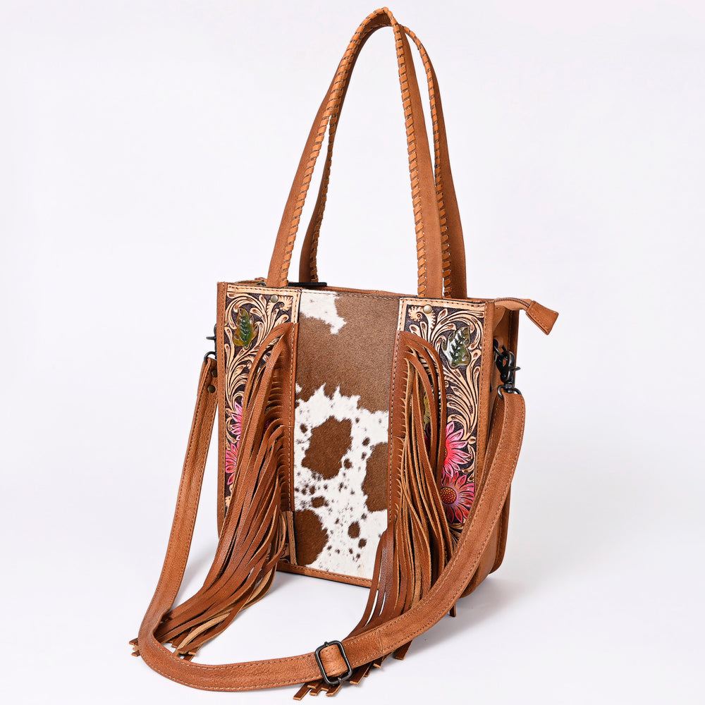ADBG1086 American Darling Hair-on Cowhide Tote Bag with Hand-Tooled Leather and Fringes