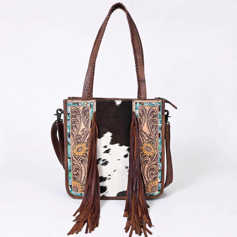 ADBG1086 American Darling Hair-on Cowhide Tote Bag with Hand-Tooled Leather and Fringes