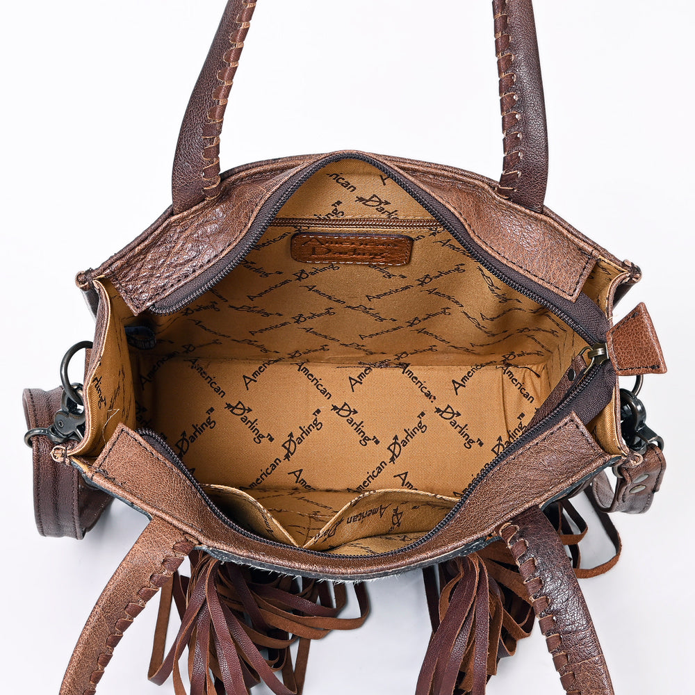ADBG1086 American Darling Hair-on Cowhide Tote Bag with Hand-Tooled Leather and Fringes