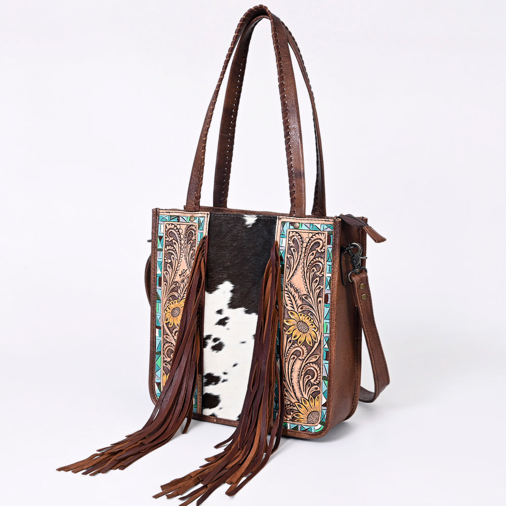 ADBG1086 American Darling Hair-on Cowhide Tote Bag with Hand-Tooled Leather and Fringes