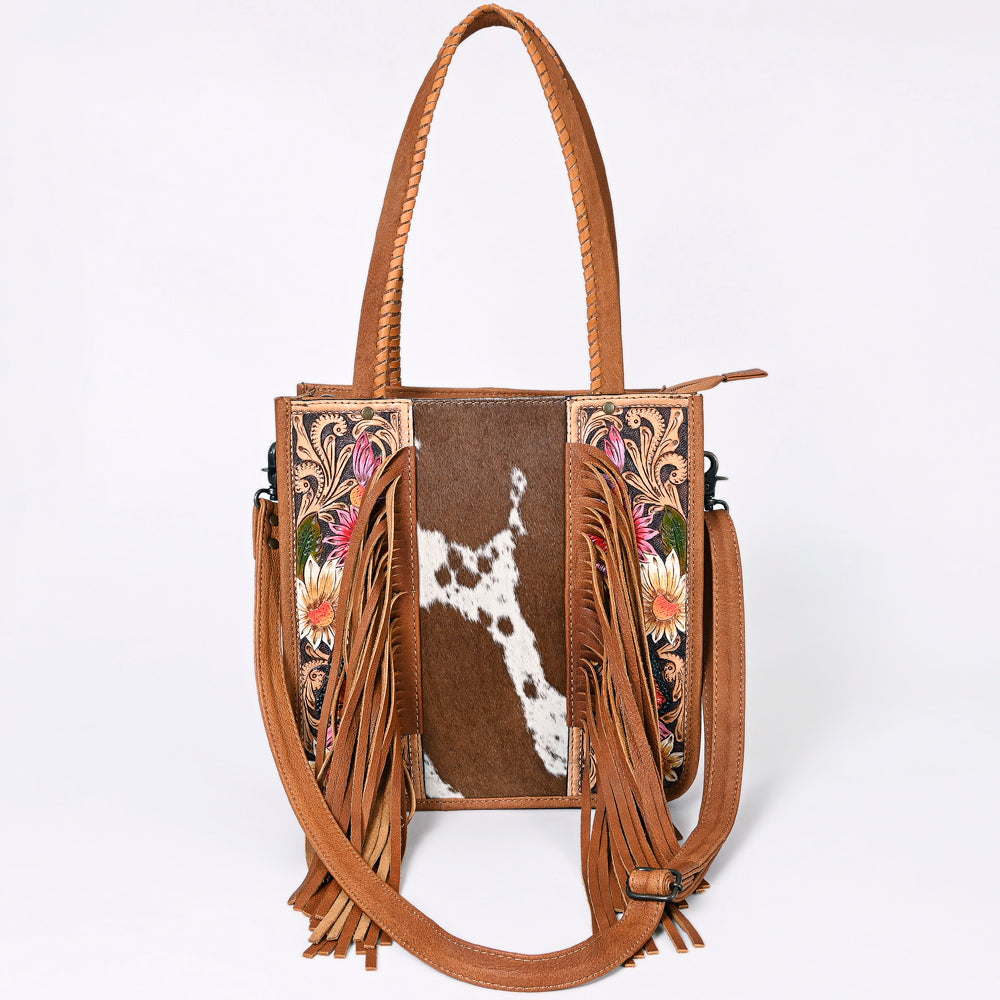 ADBG1086 American Darling Hair-on Cowhide Tote Bag with Hand-Tooled Leather and Fringes