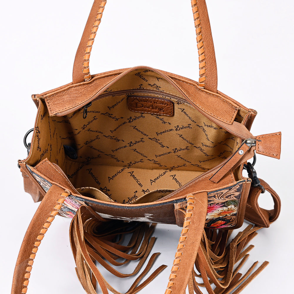 ADBG1086 American Darling Hair-on Cowhide Tote Bag with Hand-Tooled Leather and Fringes
