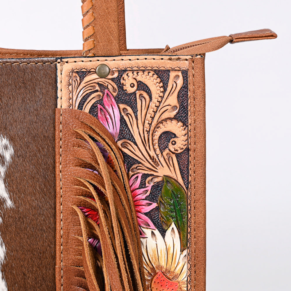 ADBG1086 American Darling Hair-on Cowhide Tote Bag with Hand-Tooled Leather and Fringes