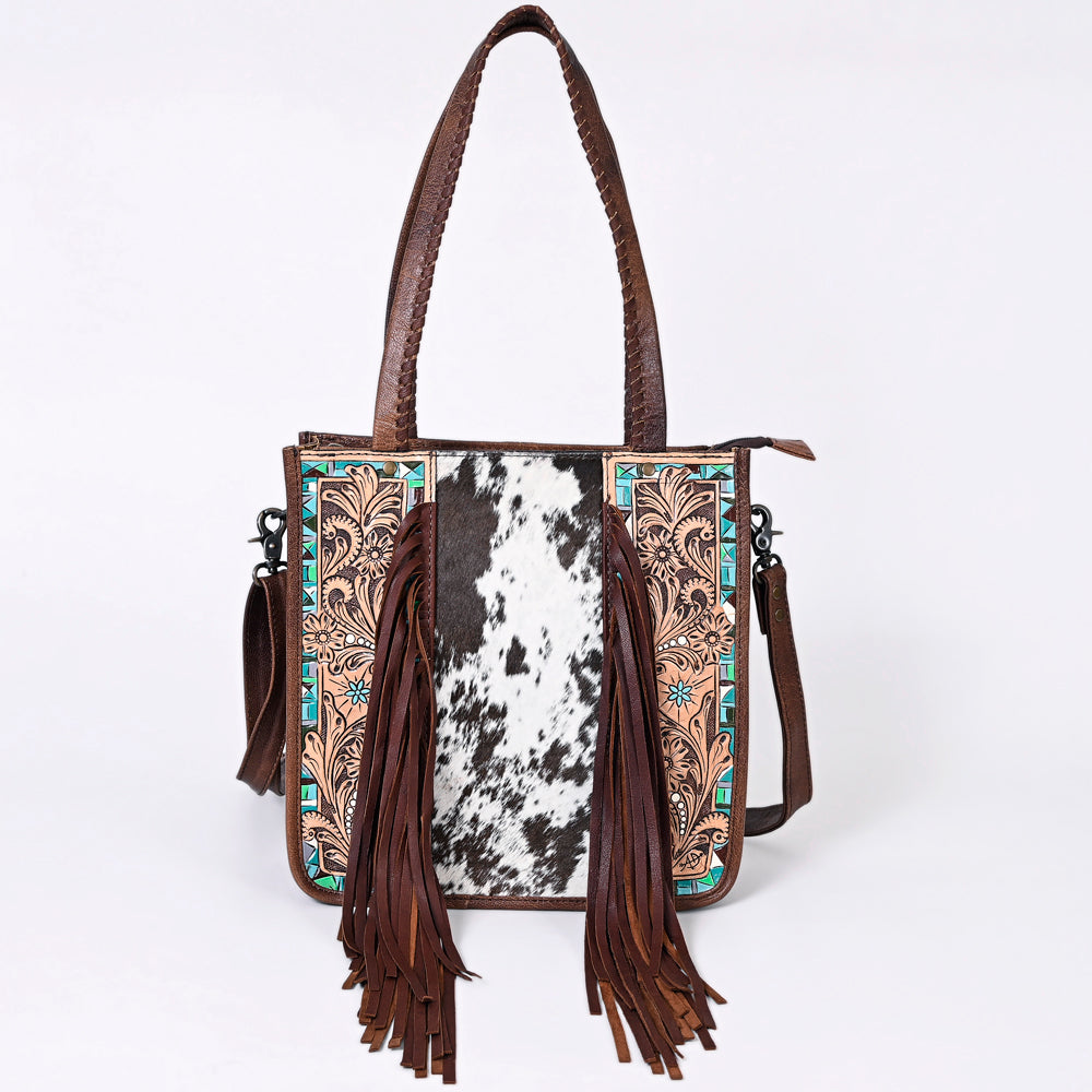 ADBG1086 American Darling Hair-on Cowhide Tote Bag with Hand-Tooled Leather and Fringes