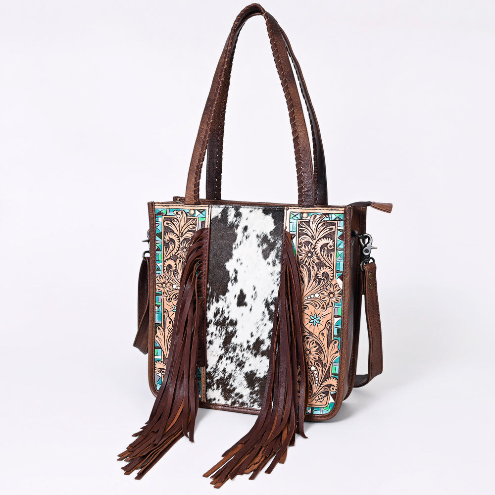 ADBG1086 American Darling Hair-on Cowhide Tote Bag with Hand-Tooled Leather and Fringes