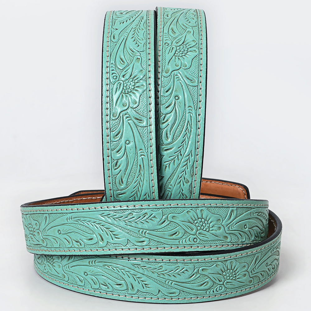 ADBLF214 Aqua Turquoise Hand-Tooled Leather Belt with Floral Design