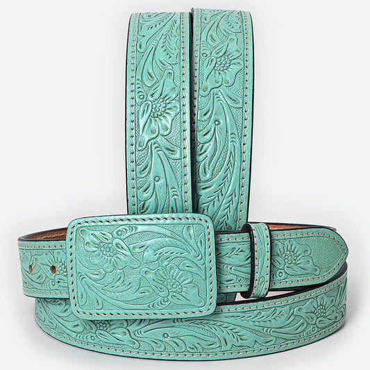 ADBLF214 Aqua Turquoise Hand-Tooled Leather Belt with Floral Design