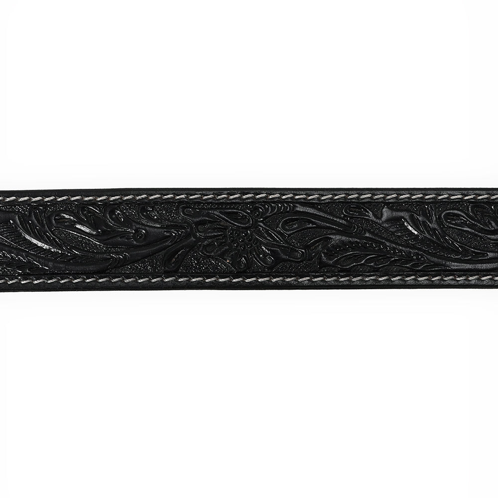 ADBLF215 Black Hand-Tooled Leather Belt with Matching Floral Buckle