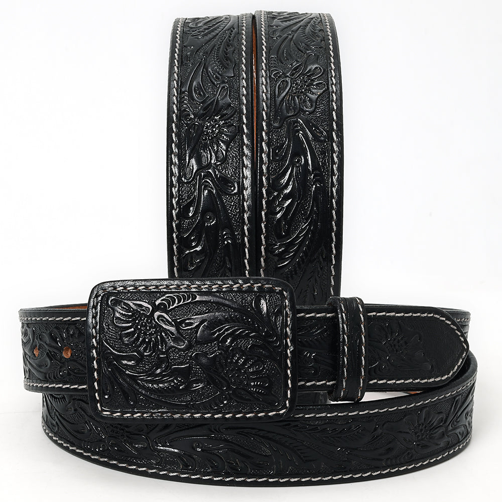 ADBLF215 Black Hand-Tooled Leather Belt with Matching Floral Buckle