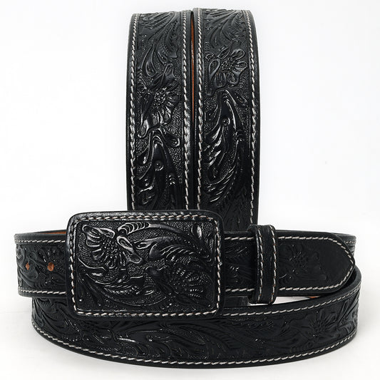 ADBLF215 Black Hand-Tooled Leather Belt with Matching Floral Buckle