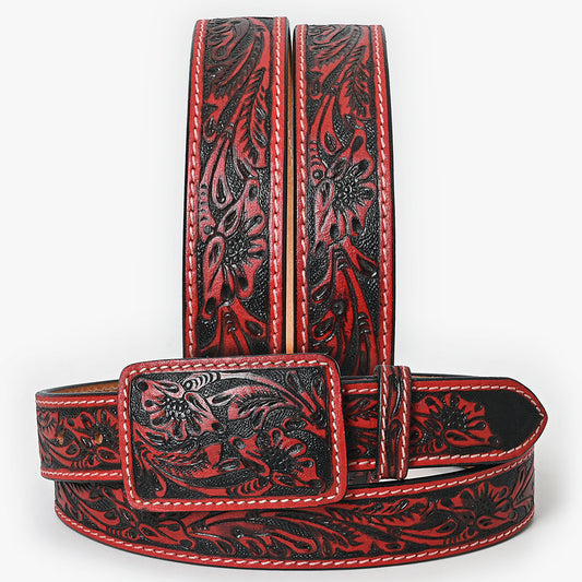 ADBLF216 Red & Black Hand-Tooled Leather Belt with Matching Floral Buckle