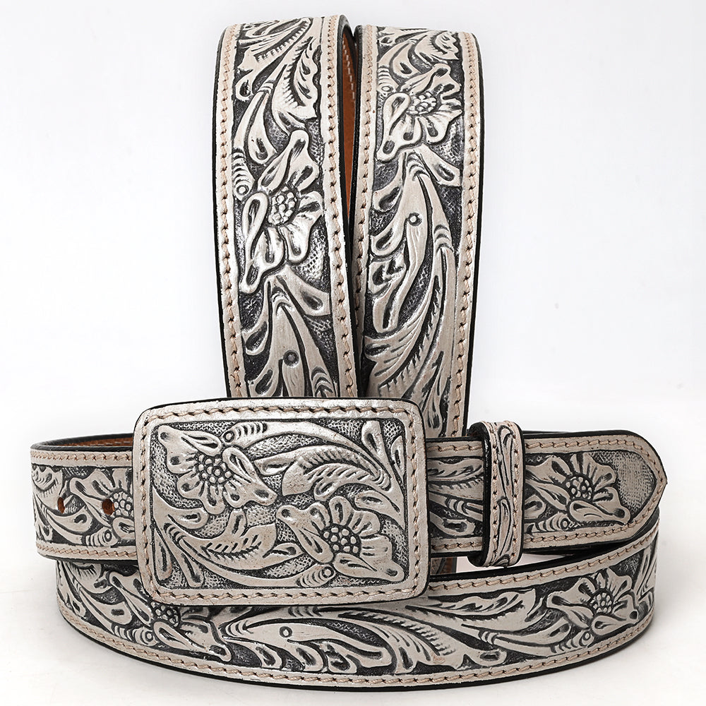 ADBLF217 Silver & Black Hand-Tooled Leather Belt with Matching Floral Buckle