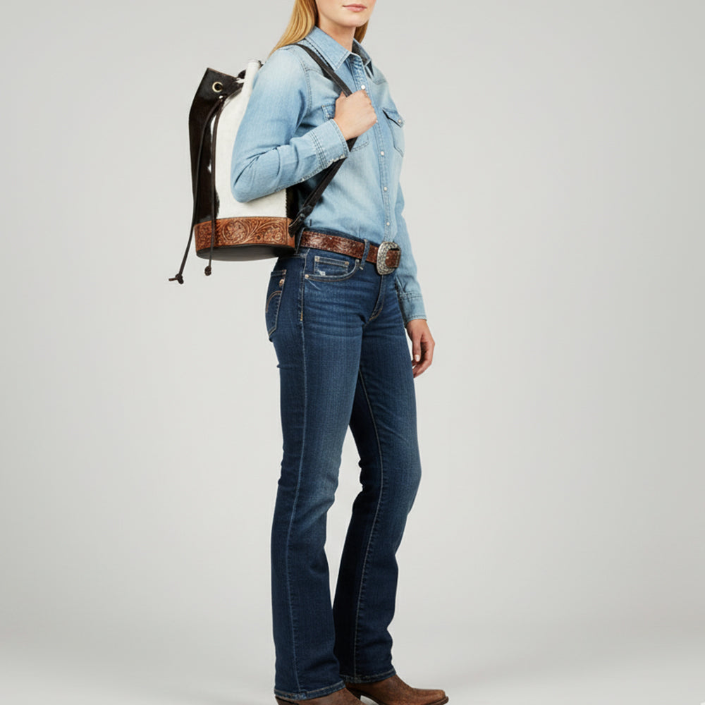 LC-ADBGZ743 Hair-On Cowhide & Tooled Leather Backpack - Western Drawstring Cowgirl Bag