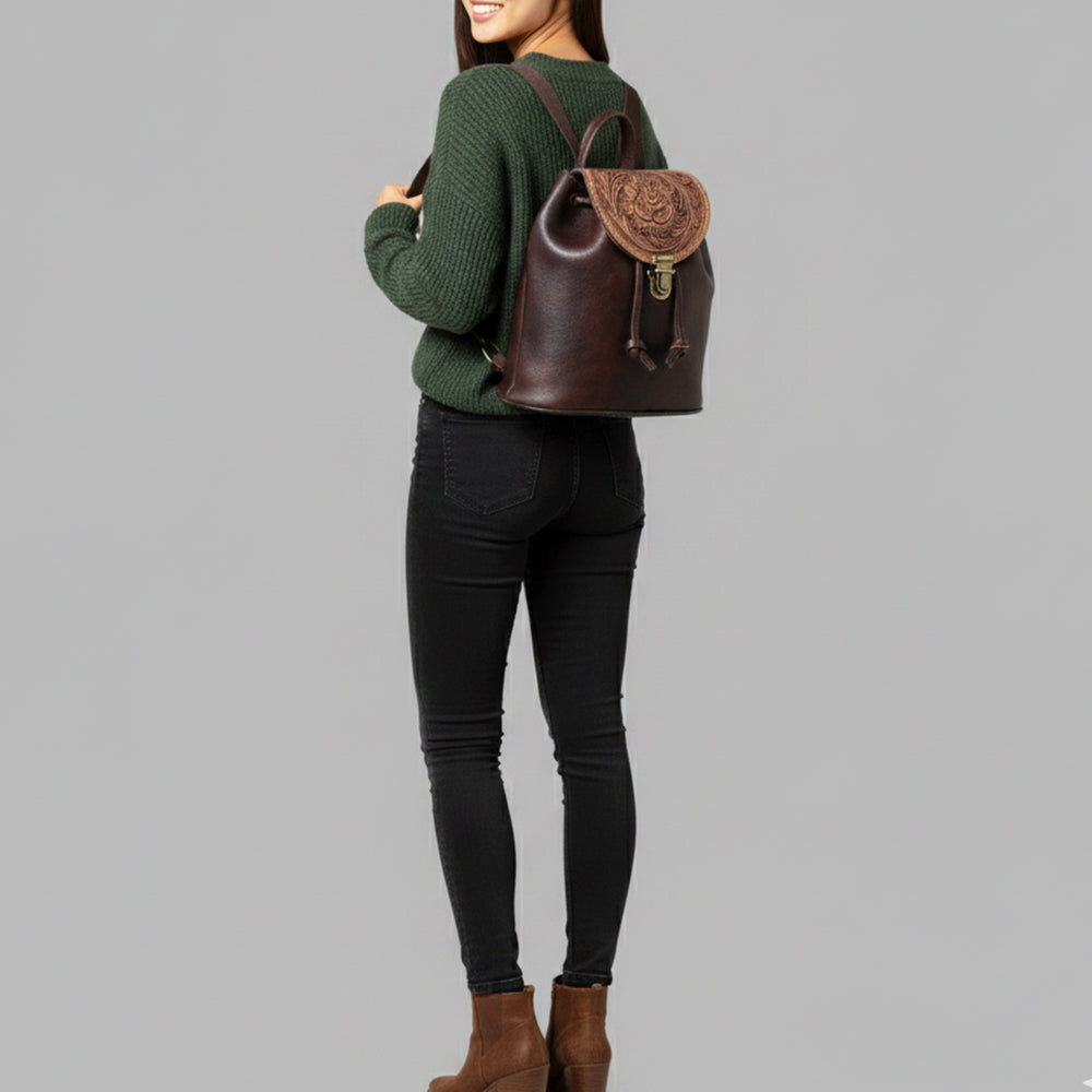 LC-ADBGZ746 Brown Leather Mini Backpack with Tooled Flap - Western Cowgirl Daypack