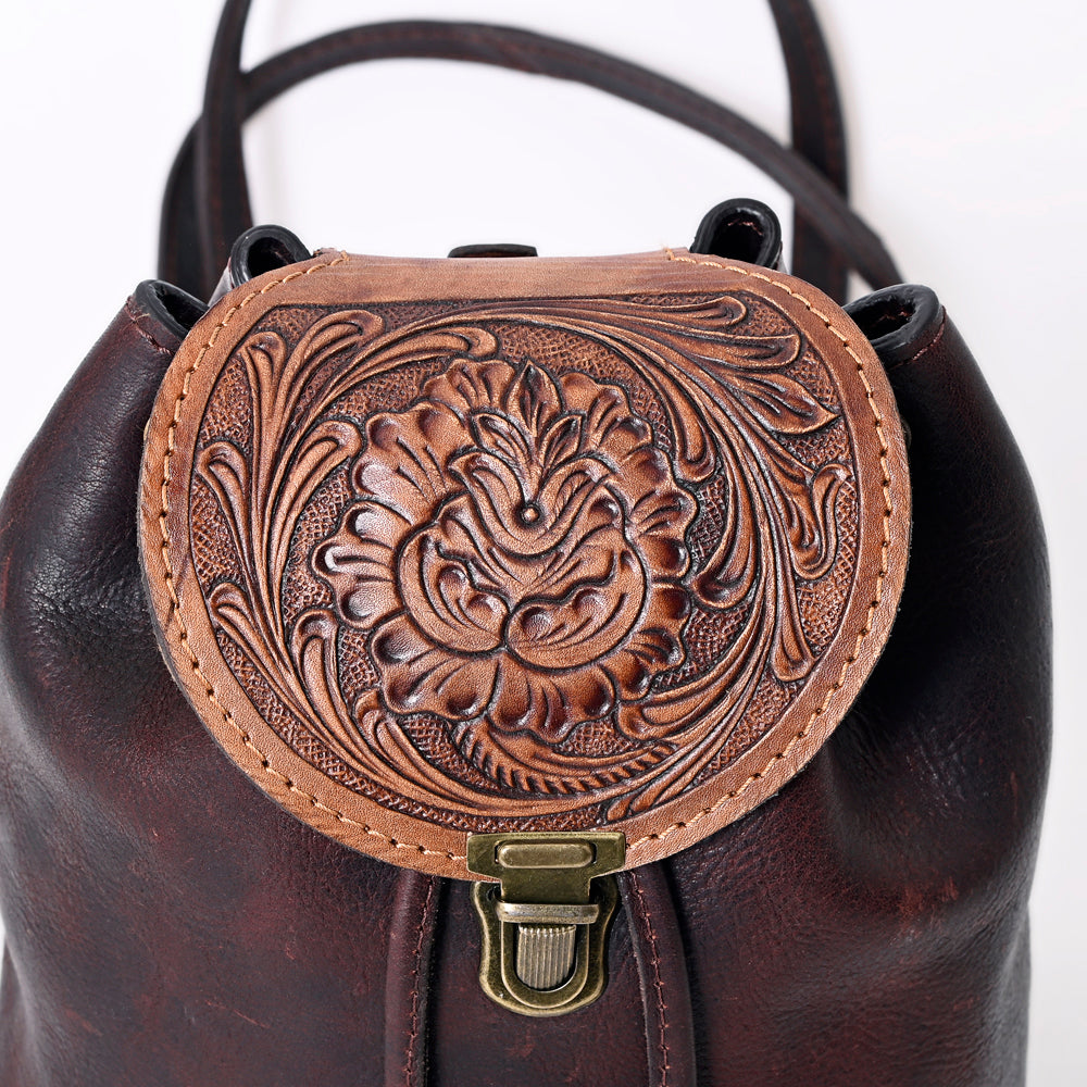 LC-ADBGZ746 Brown Leather Mini Backpack with Tooled Flap - Western Cowgirl Daypack