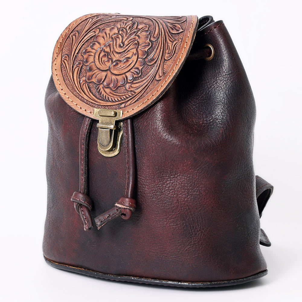 LC-ADBGZ746 Brown Leather Mini Backpack with Tooled Flap - Western Cowgirl Daypack