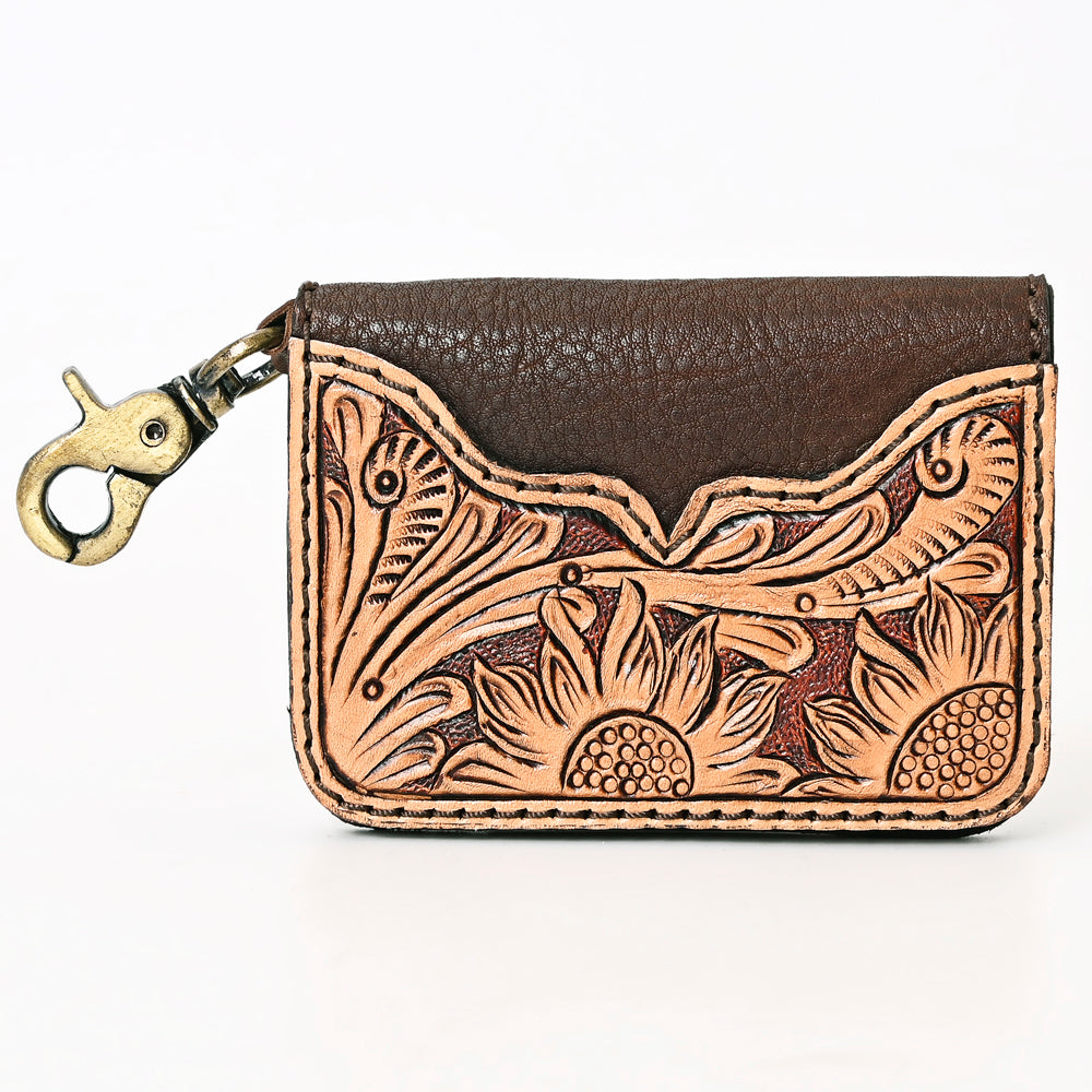 ADBGA407 Tooled Leather Keychain Wallet Western Sunflower Design in Brown