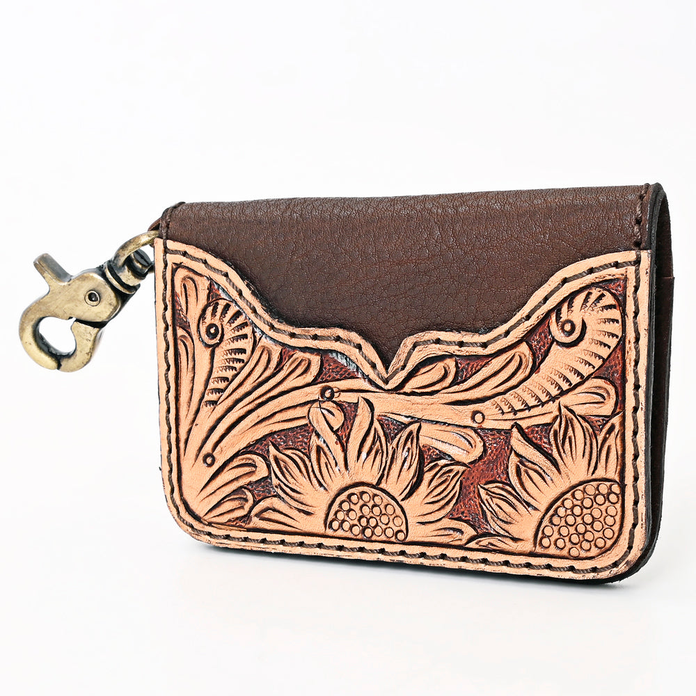 ADBGA407 Tooled Leather Keychain Wallet Western Sunflower Design in Brown