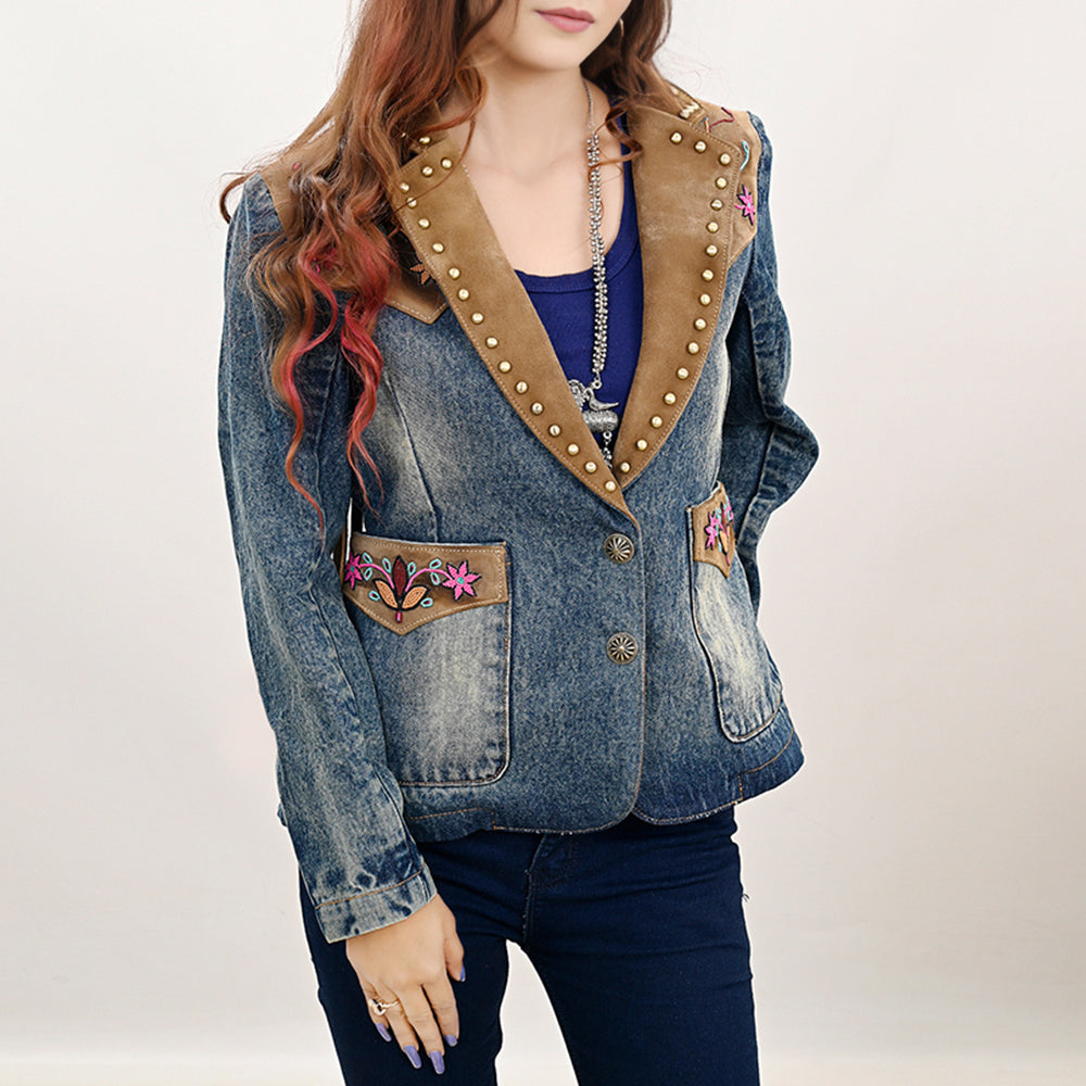 ADBZ030 Genuine Suede leather Women 100% Cotton Denim Blazer dress jacket