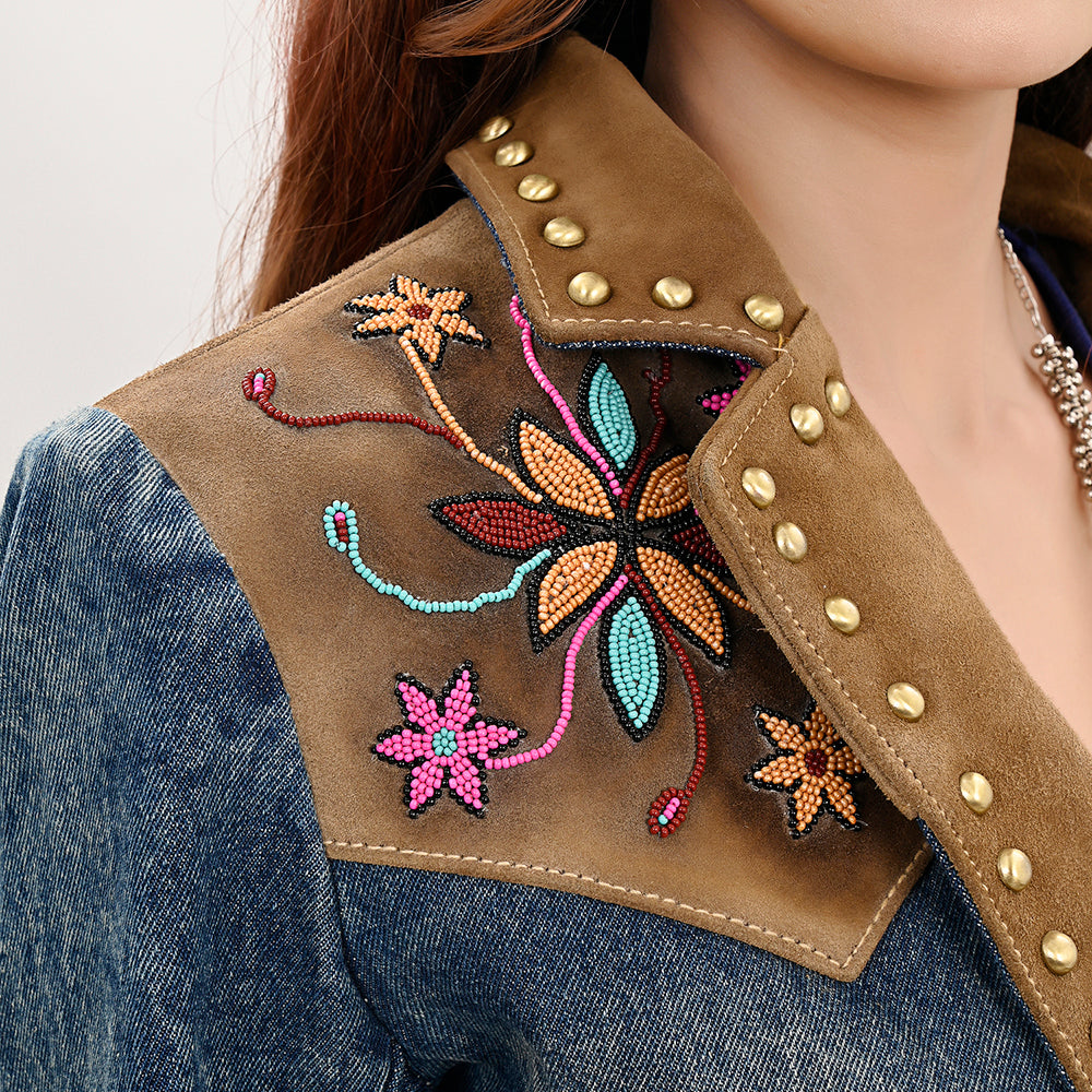 ADBZ030 Genuine Suede leather Women 100% Cotton Denim Blazer dress jacket