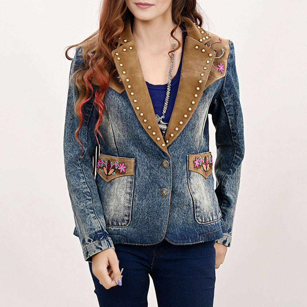 ADBZ030 Genuine Suede leather Women 100% Cotton Denim Blazer dress jacket