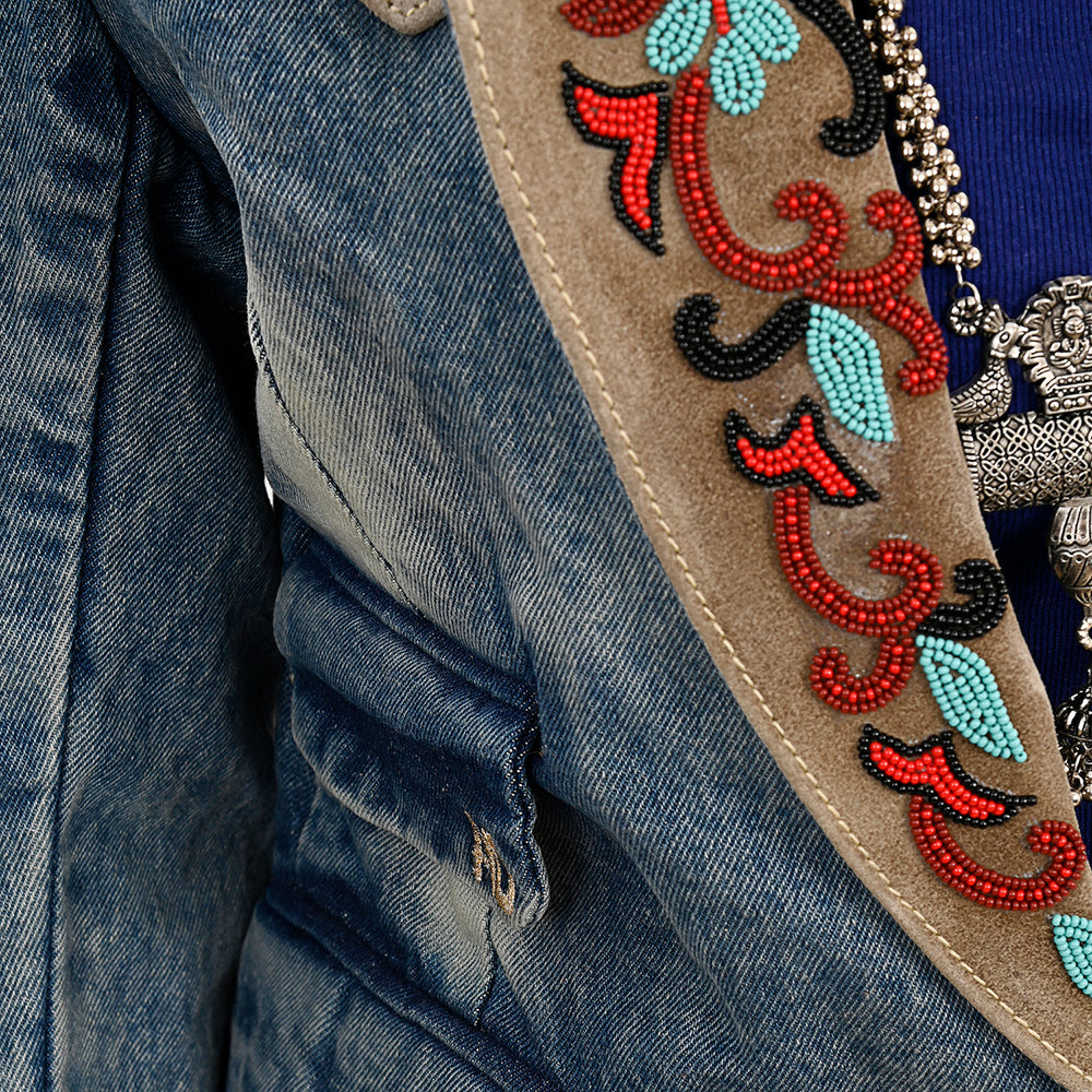 LC-ADBZ031 Genuine Suede leather Women 100% Cotton Denim Blazer dress jacket