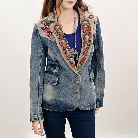 ADBZ031 Luxury Denim Blazer Featuring Multi-Color Beaded Genuine Suede Accents