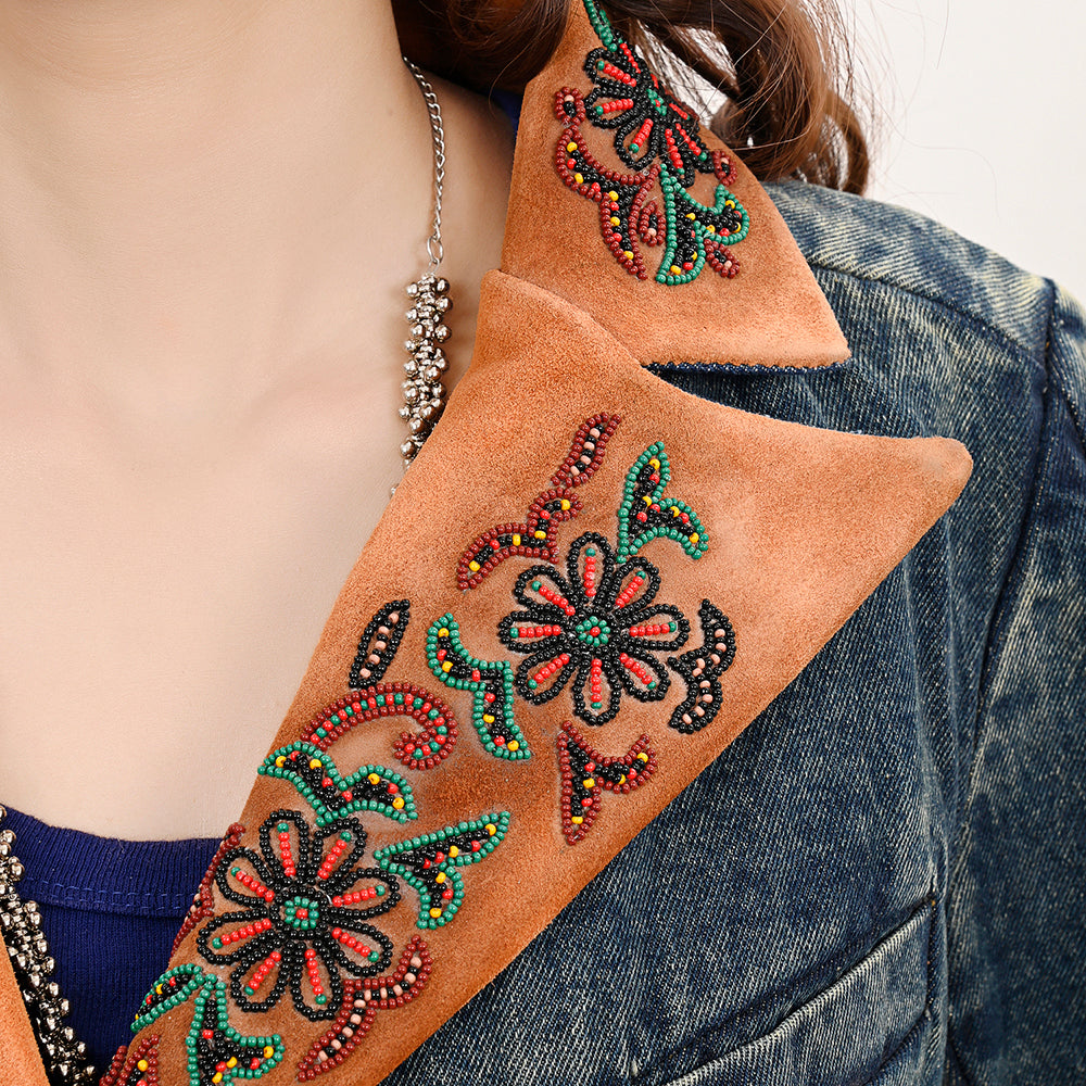 ADBZ032 Genuine Suede leather Women 100% Cotton Denim Blazer dress jacket