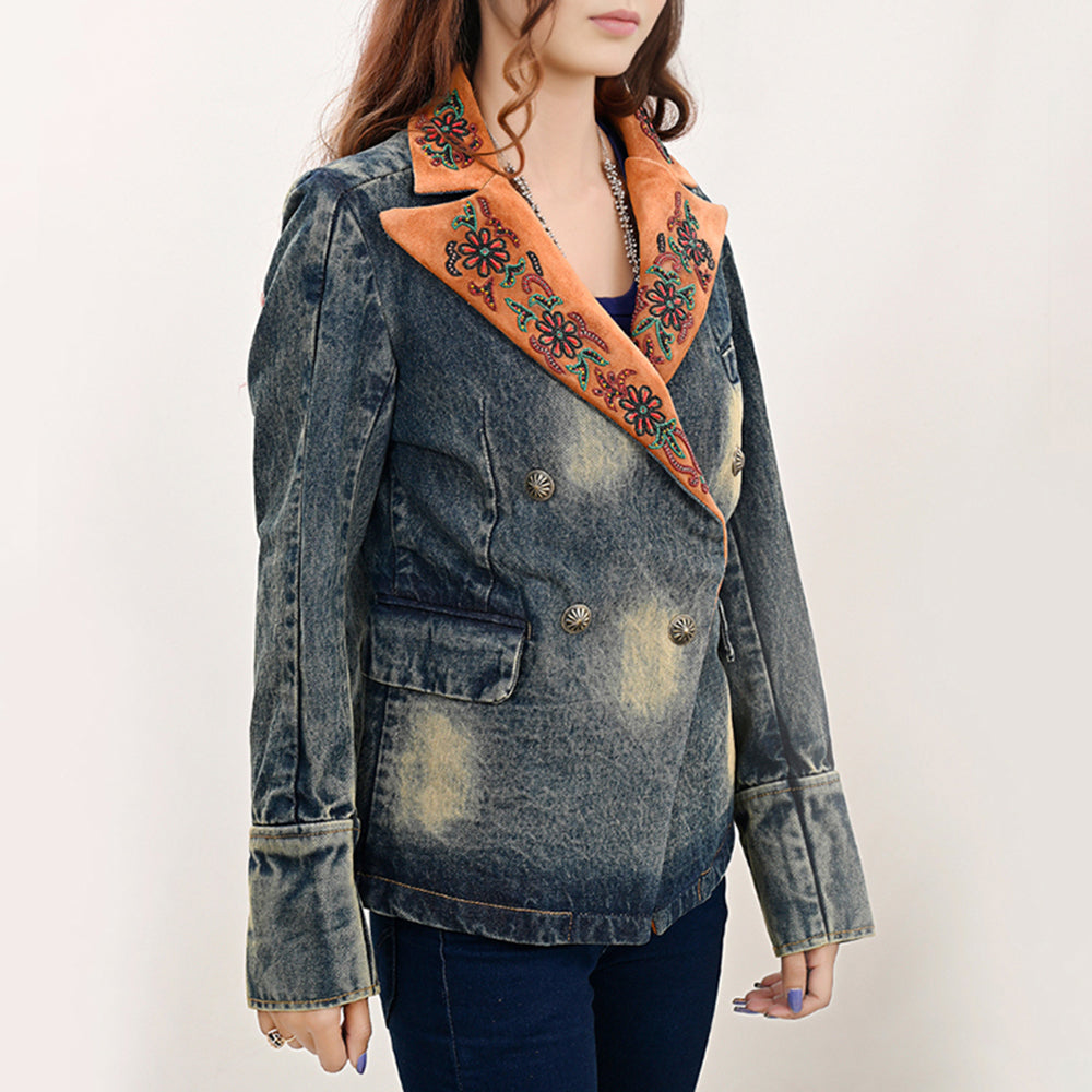 ADBZ032 Genuine Suede leather Women 100% Cotton Denim Blazer dress jacket