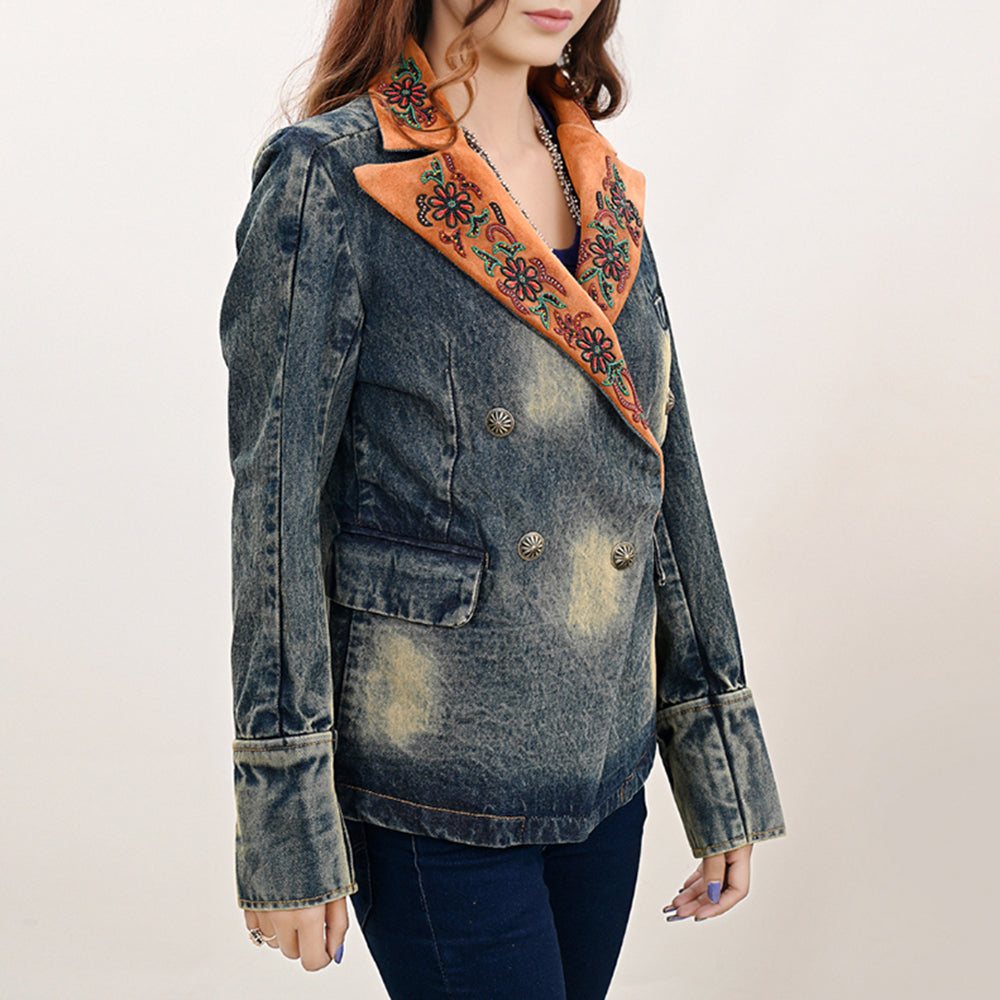 ADBZ032 Genuine Suede leather Women 100% Cotton Denim Blazer dress jacket