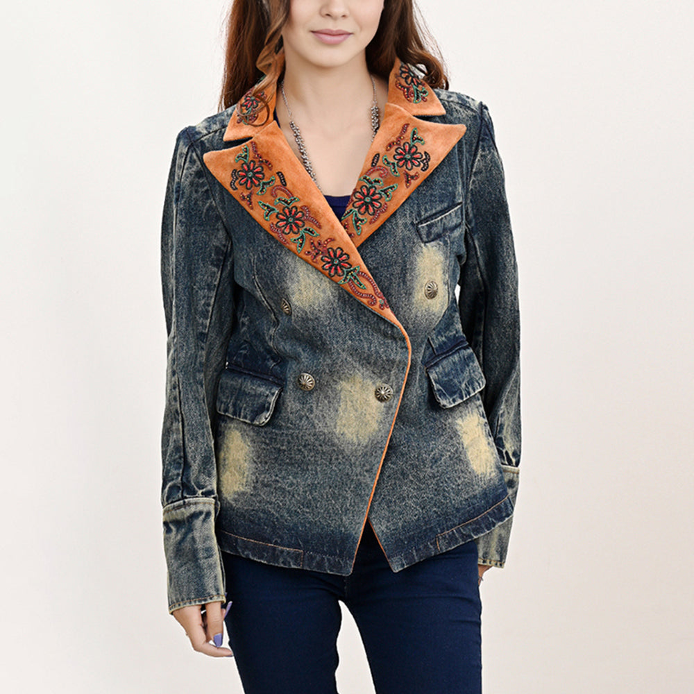 ADBZ032 Genuine Suede leather Women 100% Cotton Denim Blazer dress jacket