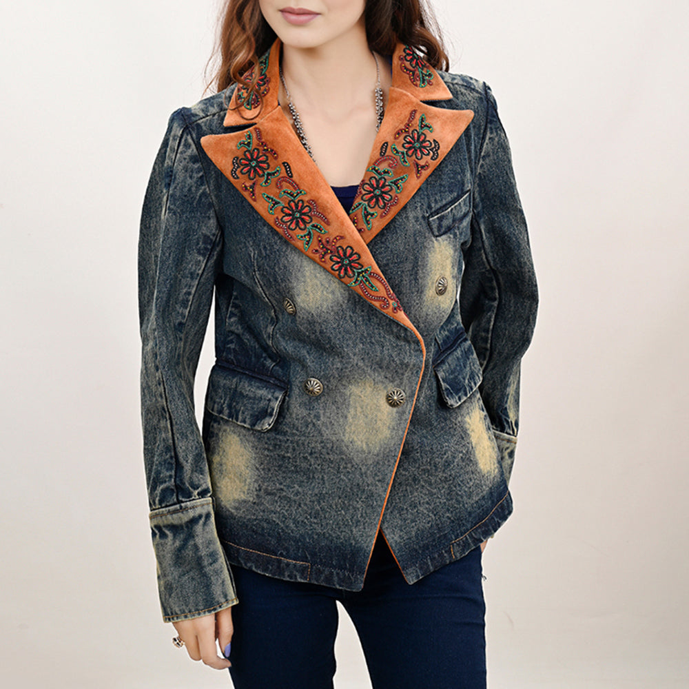 ADBZ032 Genuine Suede leather Women 100% Cotton Denim Blazer dress jacket